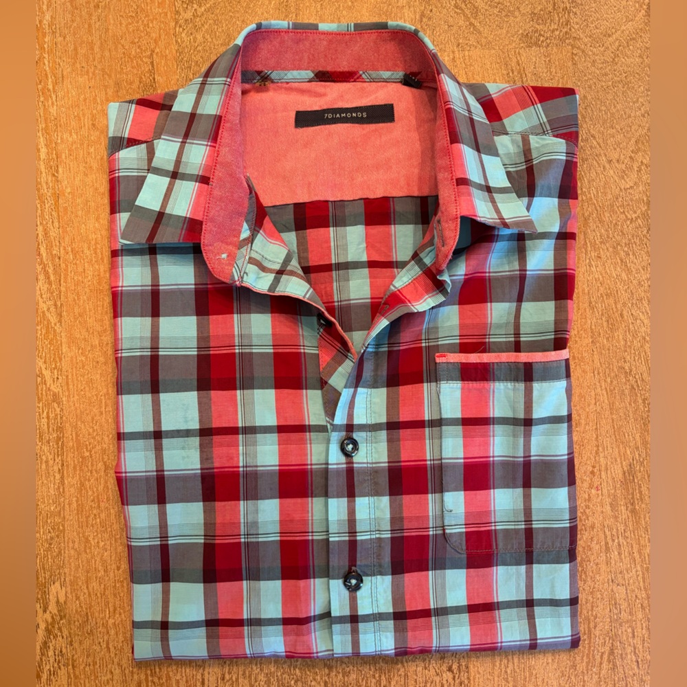 7 Diamonds Plaid Button Up in Teal and Red